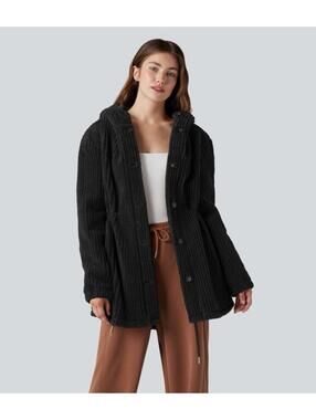 Hooded Drawstring Curved Hem Relaxed Casual Sherpa Jacket XS